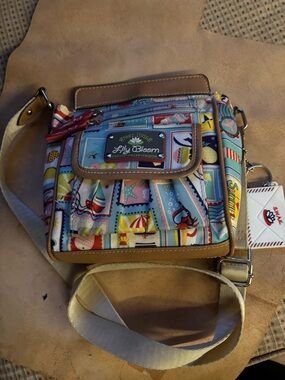 Lily Bloom Multicolor Beach Stamp Crossbody with Tan Trim